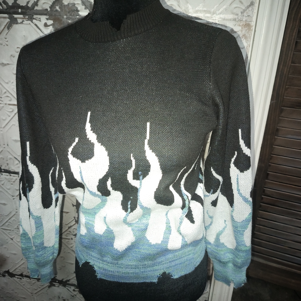 SHEIN Black and Blue Flame Crewneck Sweater